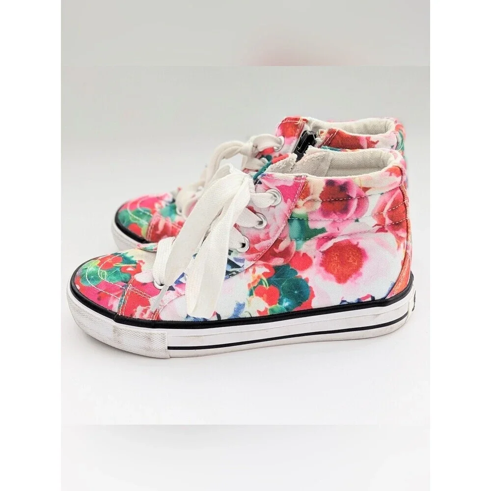 Girls' (Size 1) Floral Canvas High-Top Sneakers/Shoes w/Laces & Side Zippers